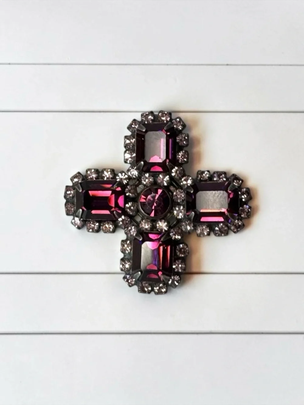Liz Palacios Purple Rhinestone Cross Brooch Pin Vintage Style Statement Jewelry